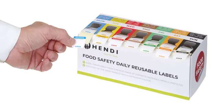 850572 Jeu d'étiquettes de sécurité alimentaire - multi usage avec distributeur NL-FR-DE Hendi